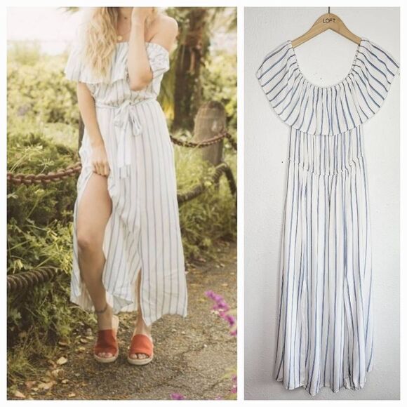 Blue and white off the shoulder midi dress medium - Picture 1 of 12